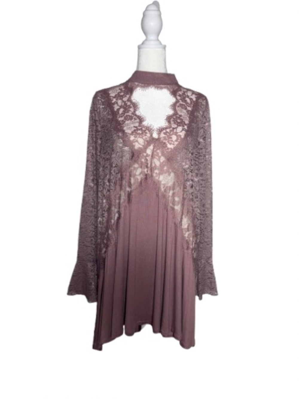 NWT Romantic Lace-Trim Long Sleeve Ruffled Tunic Mini Dress in Mauve